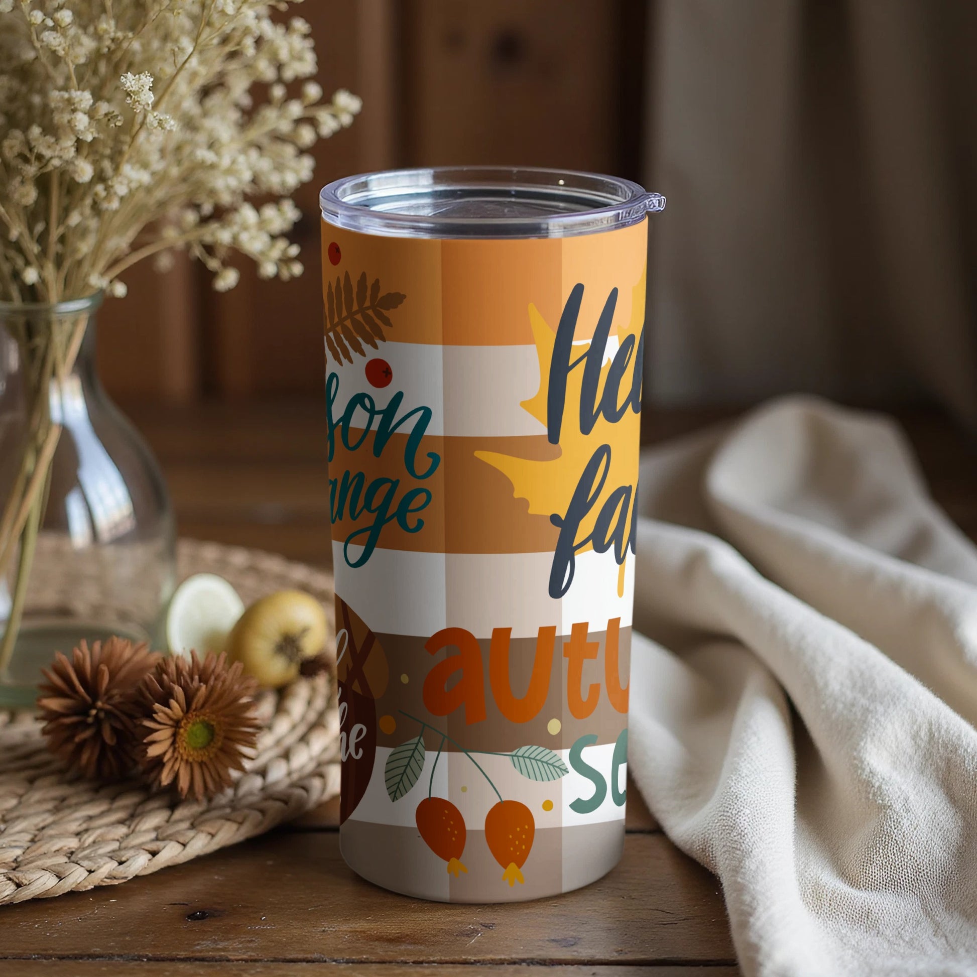Autumn Themed Reusable Tumbler with Lid for Hot Drinks