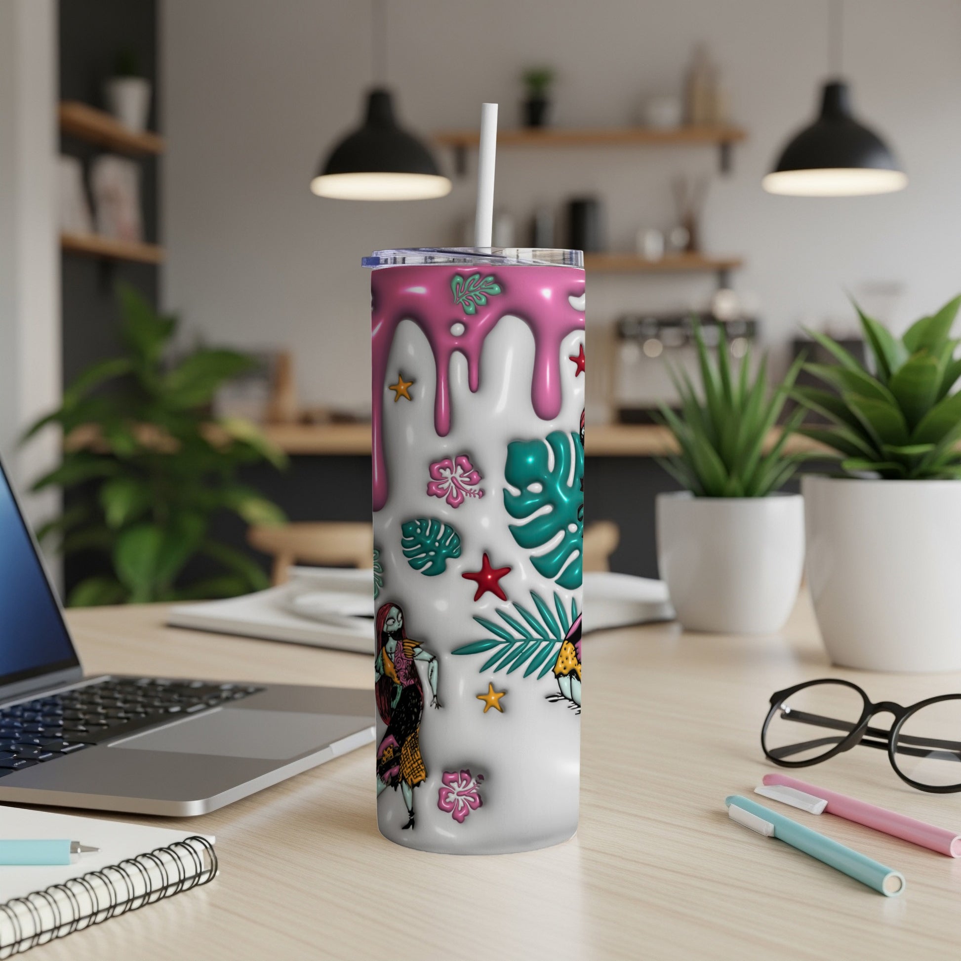 White tumbler with pink dripping top and tropical themed characters and designs.