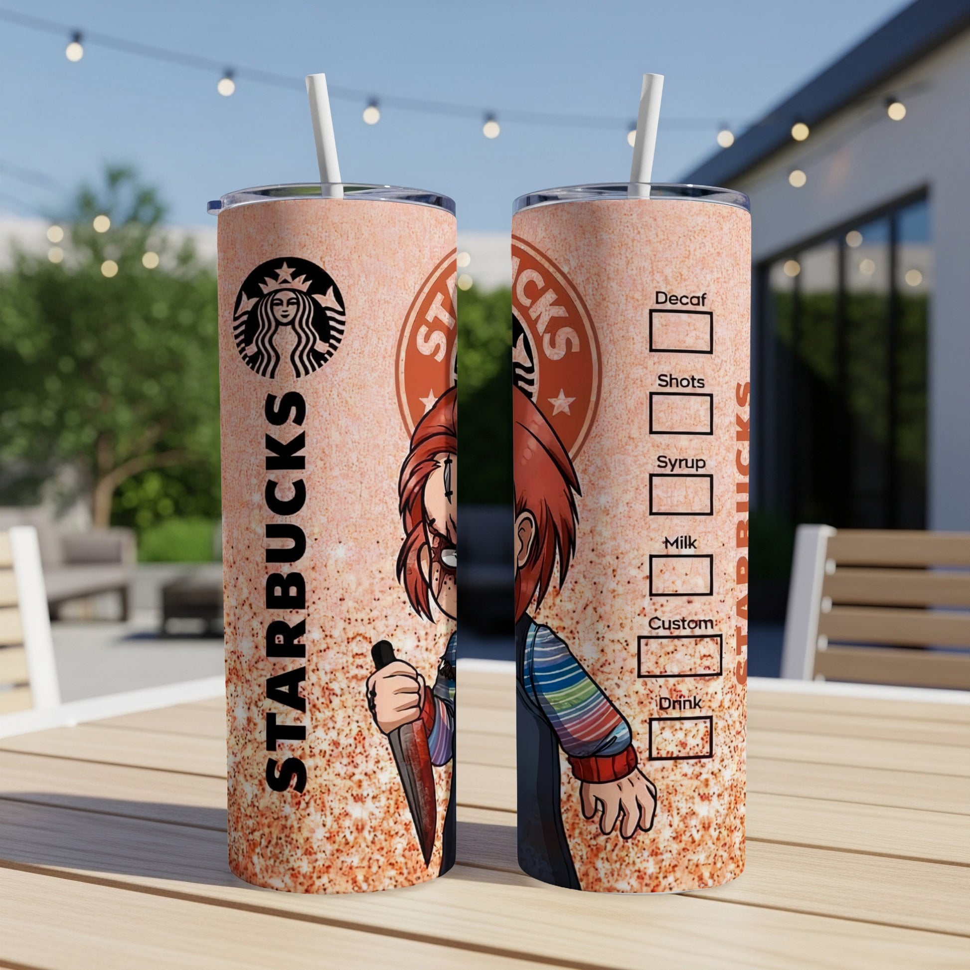 Two Starbucks-themed tumblers featuring a horror character and drink customization options.