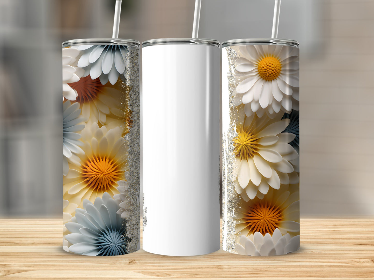 White tumbler with daisy floral design and glitter accents.