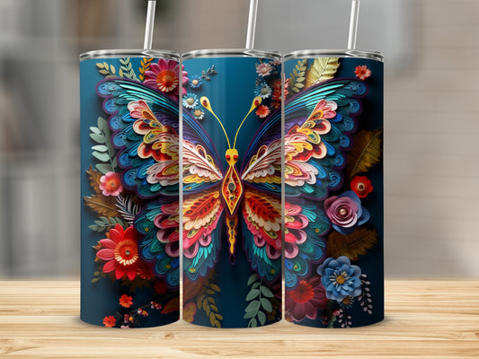 Three tumblers with a colorful butterfly and floral design on a dark blue background.