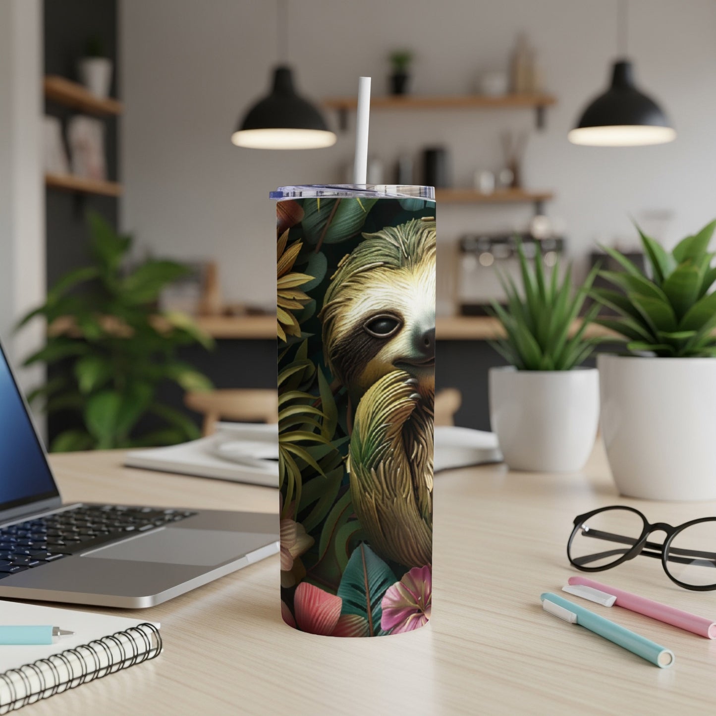 Sloth face among tropical leaves on a white tumbler.