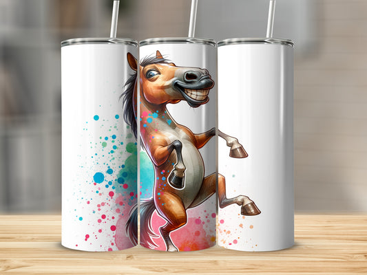 Cartoon horse with watercolor splatters on a white tumbler.