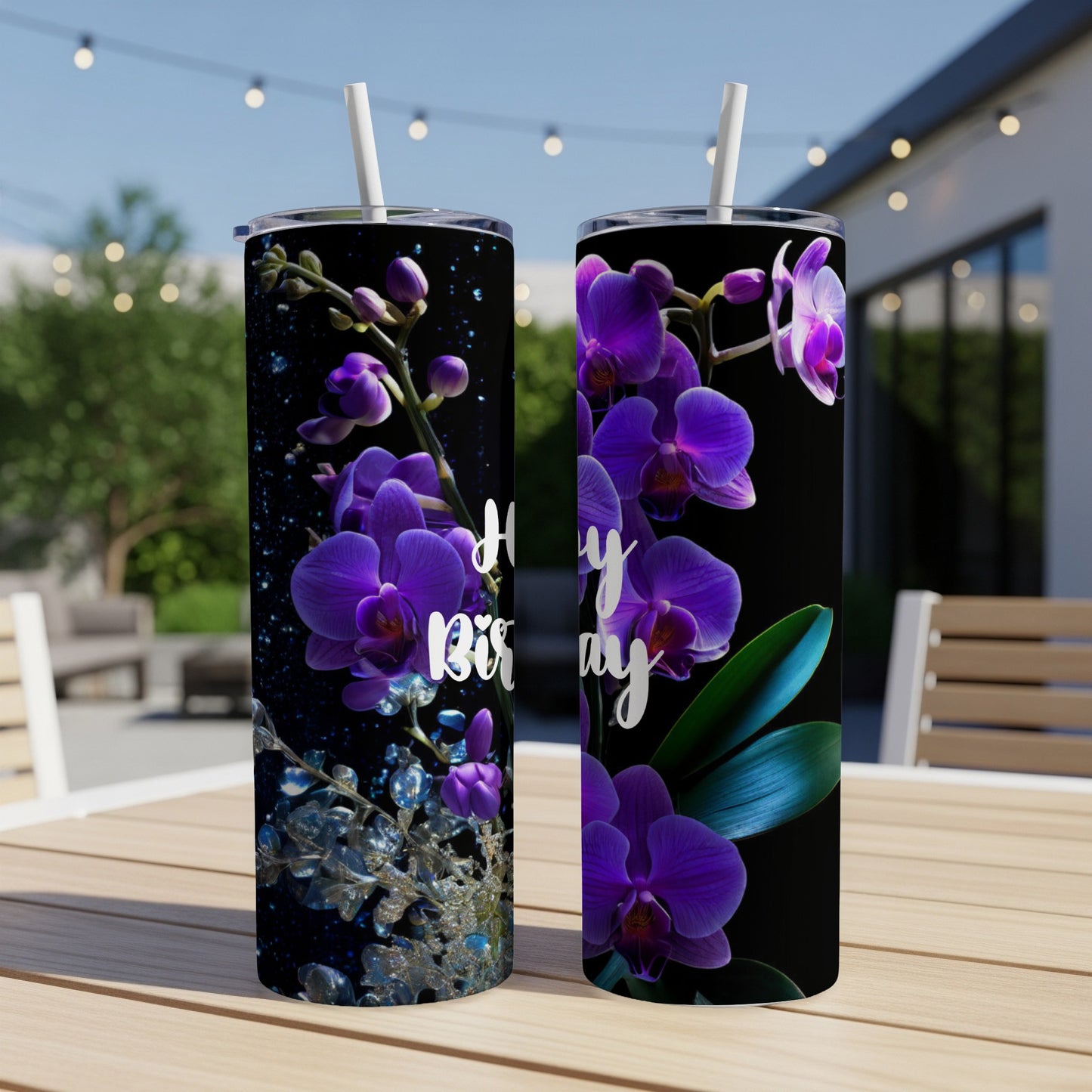 Purple orchids and "Happy Birthday" text on black tumblers.