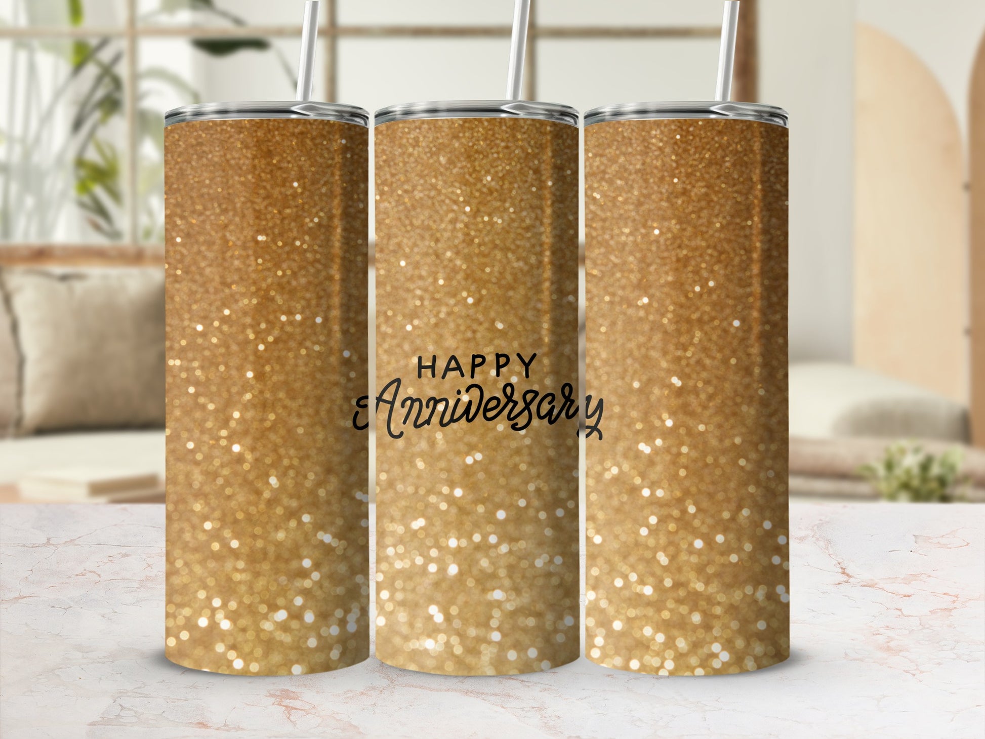 Gold glitter tumbler with "Happy Anniversary" text.