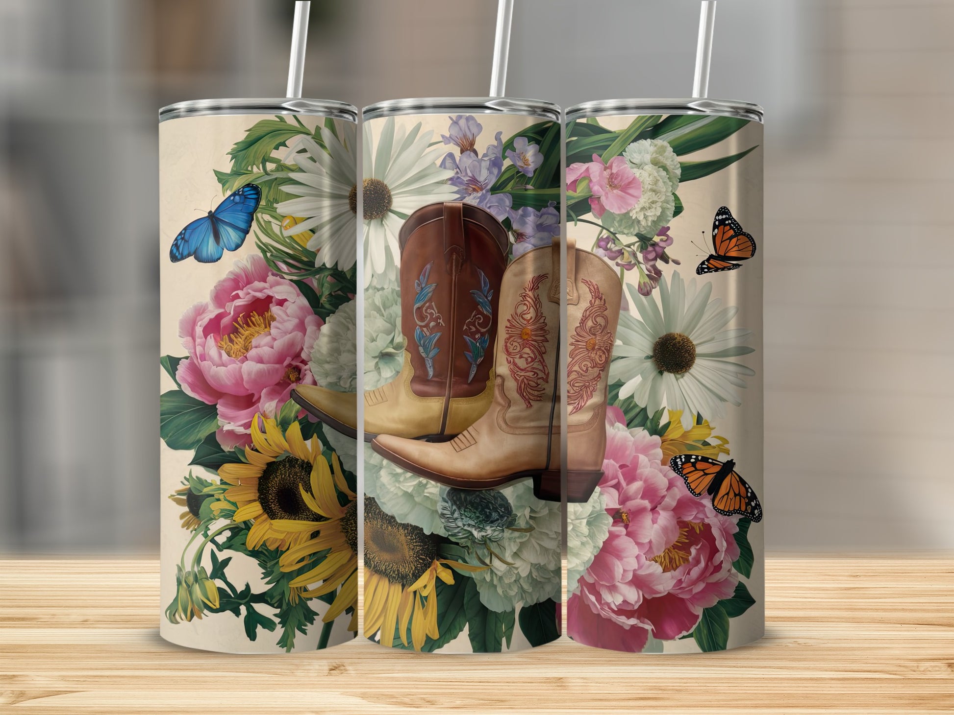 Cowboy boots and flowers on a tumbler, with butterflies.