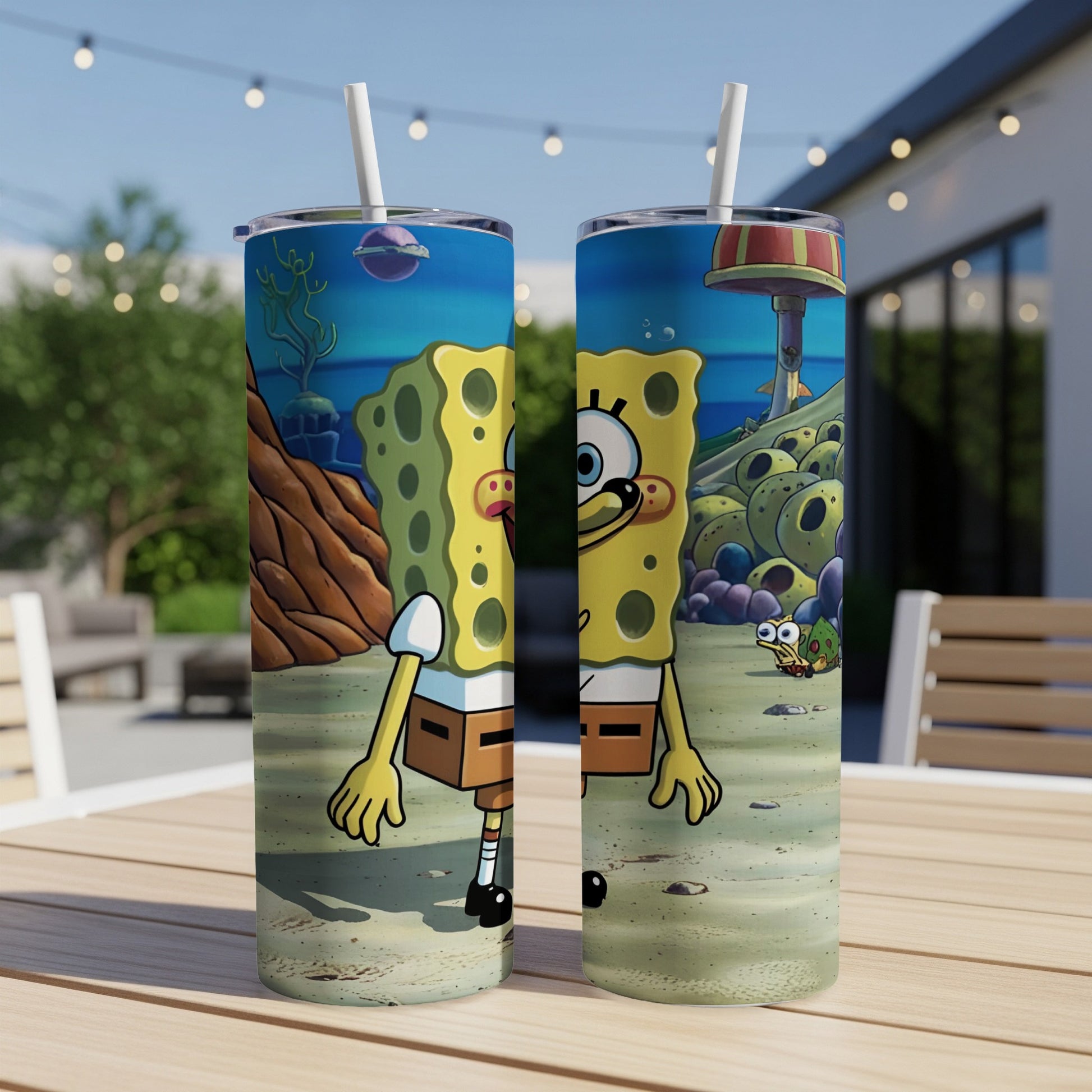 SpongeBob SquarePants cartoon character on a blue and white striped tumbler.