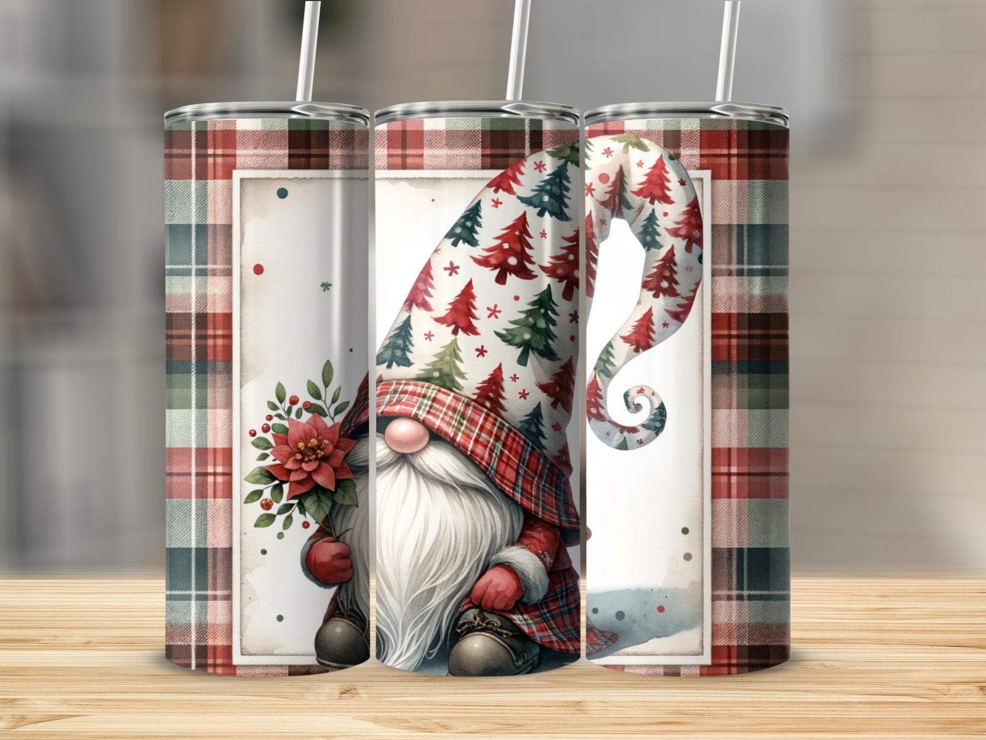 Christmas gnome with plaid pattern and pine trees on tumbler.