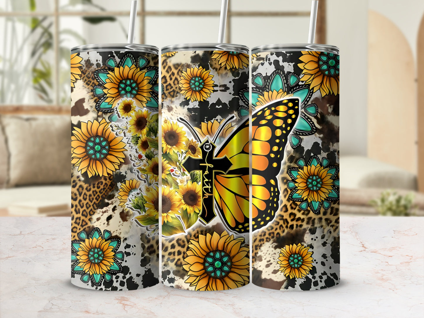 Tumbler with sunflower, butterfly, and leopard print design.