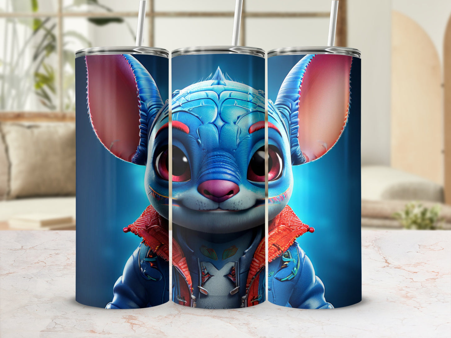 Blue Stitch character with red jacket on a tumbler.