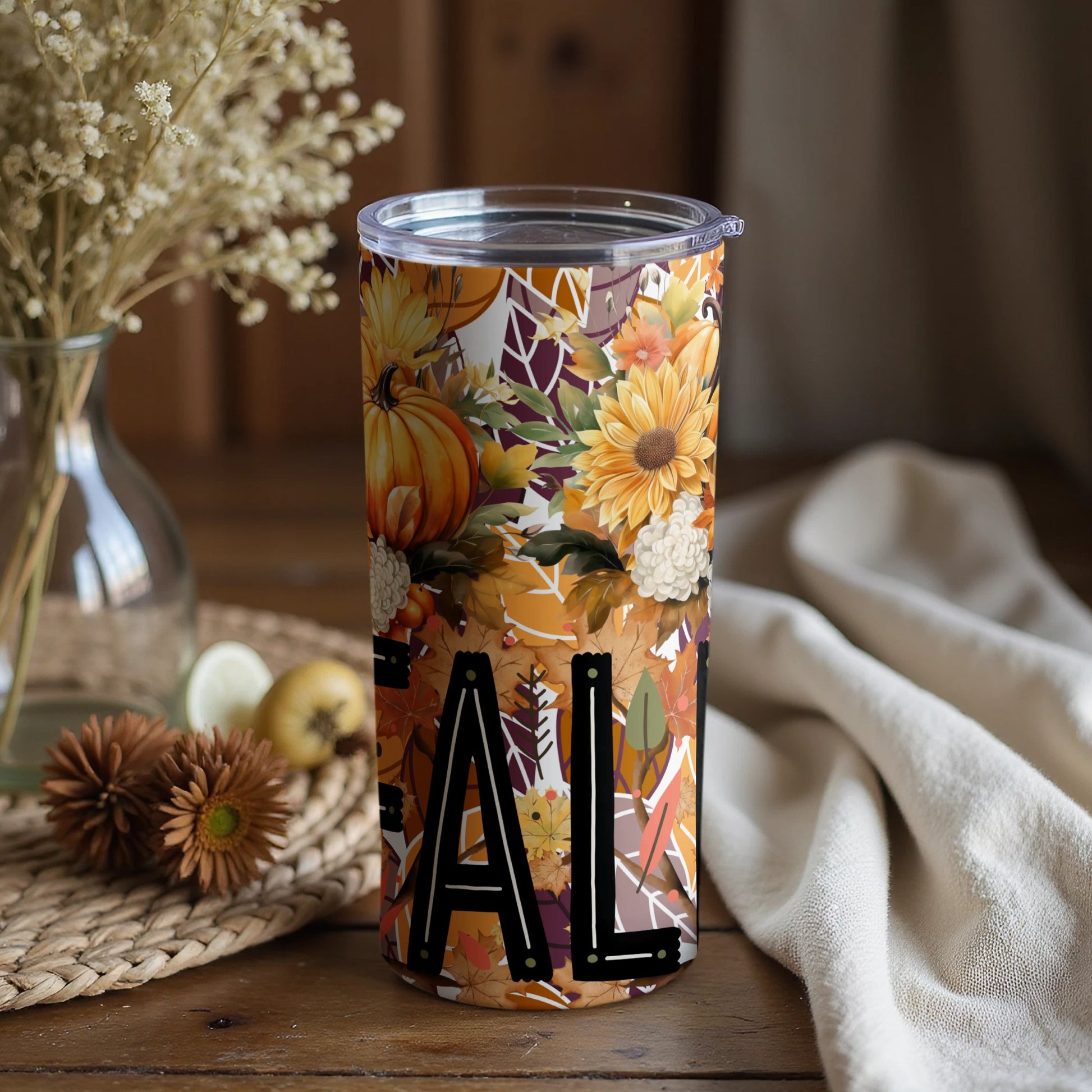 Fall Floral Pumpkin Insulated Travel Tumbler Cup