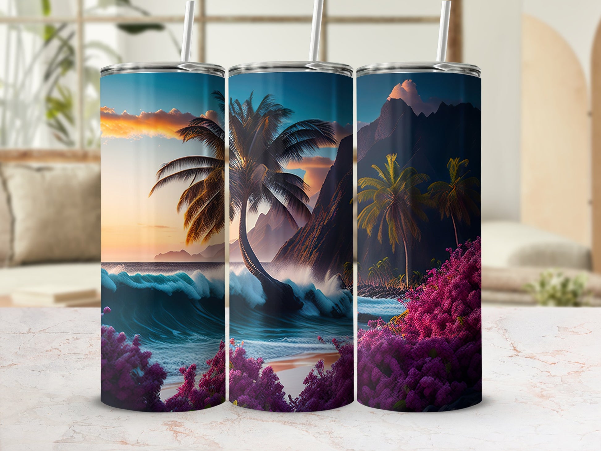 Tropical Paradise themed tumblers with vibrant colors