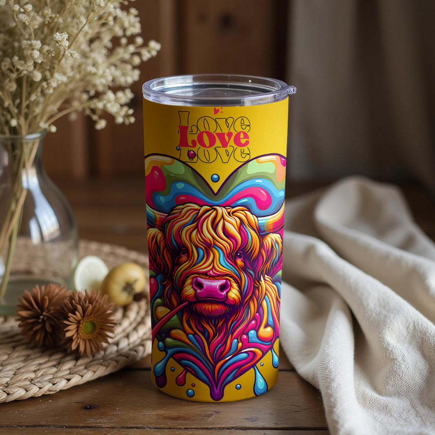 Colorful Highland Cow Love Art on Tumbler
