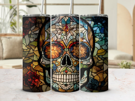 Three stained-glass tumblers featuring a skull design with floral accents.