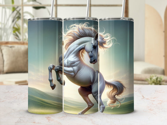 White horse rearing on hind legs with flowing mane against a sunset landscape.