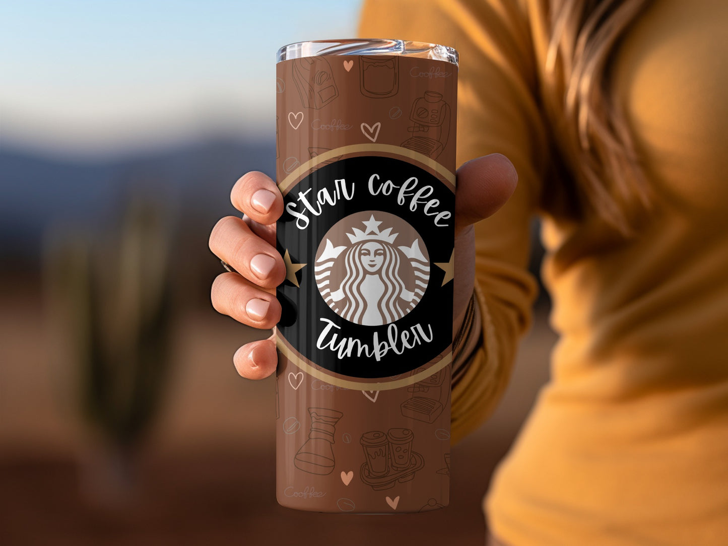 Star Coffee Tumbler with Coffee Icons and Hearts