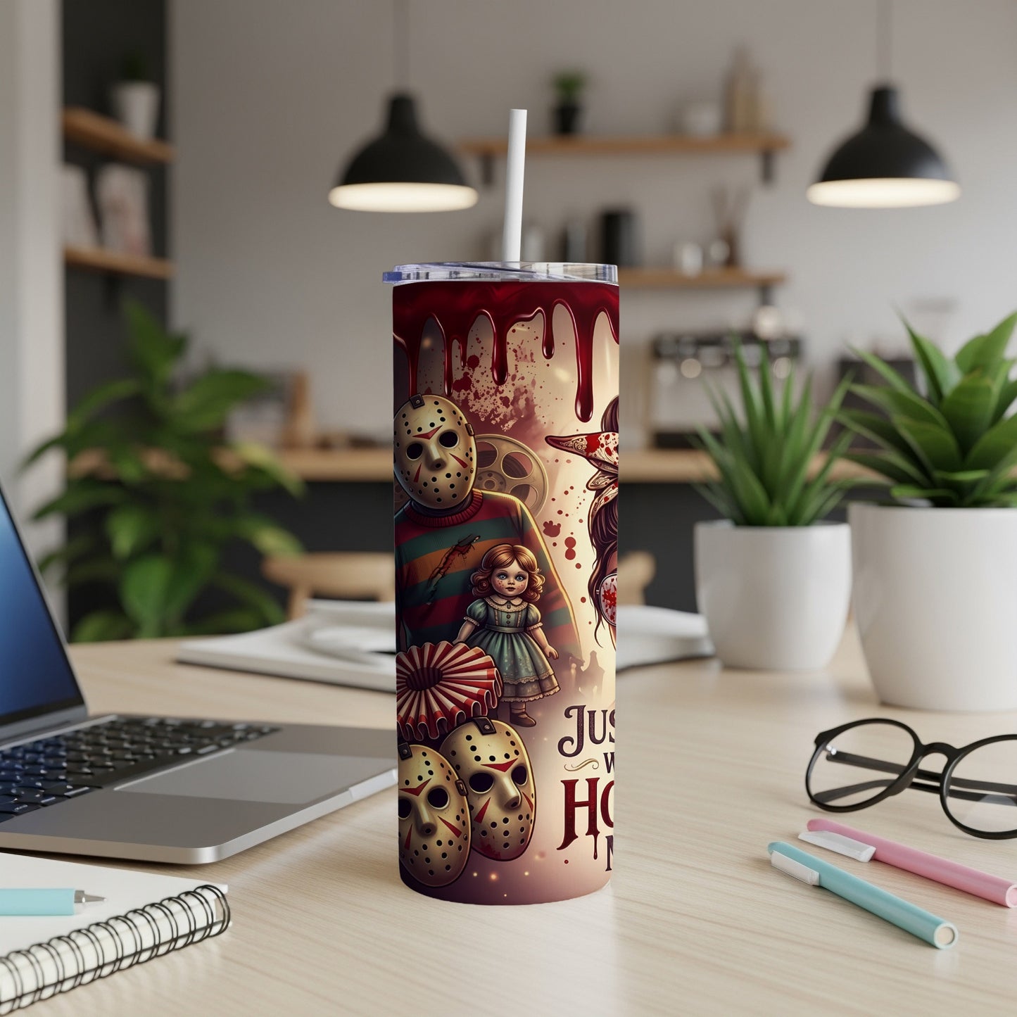 Horror-themed tumbler with Jason mask, doll, and "Just Another Horror" text.