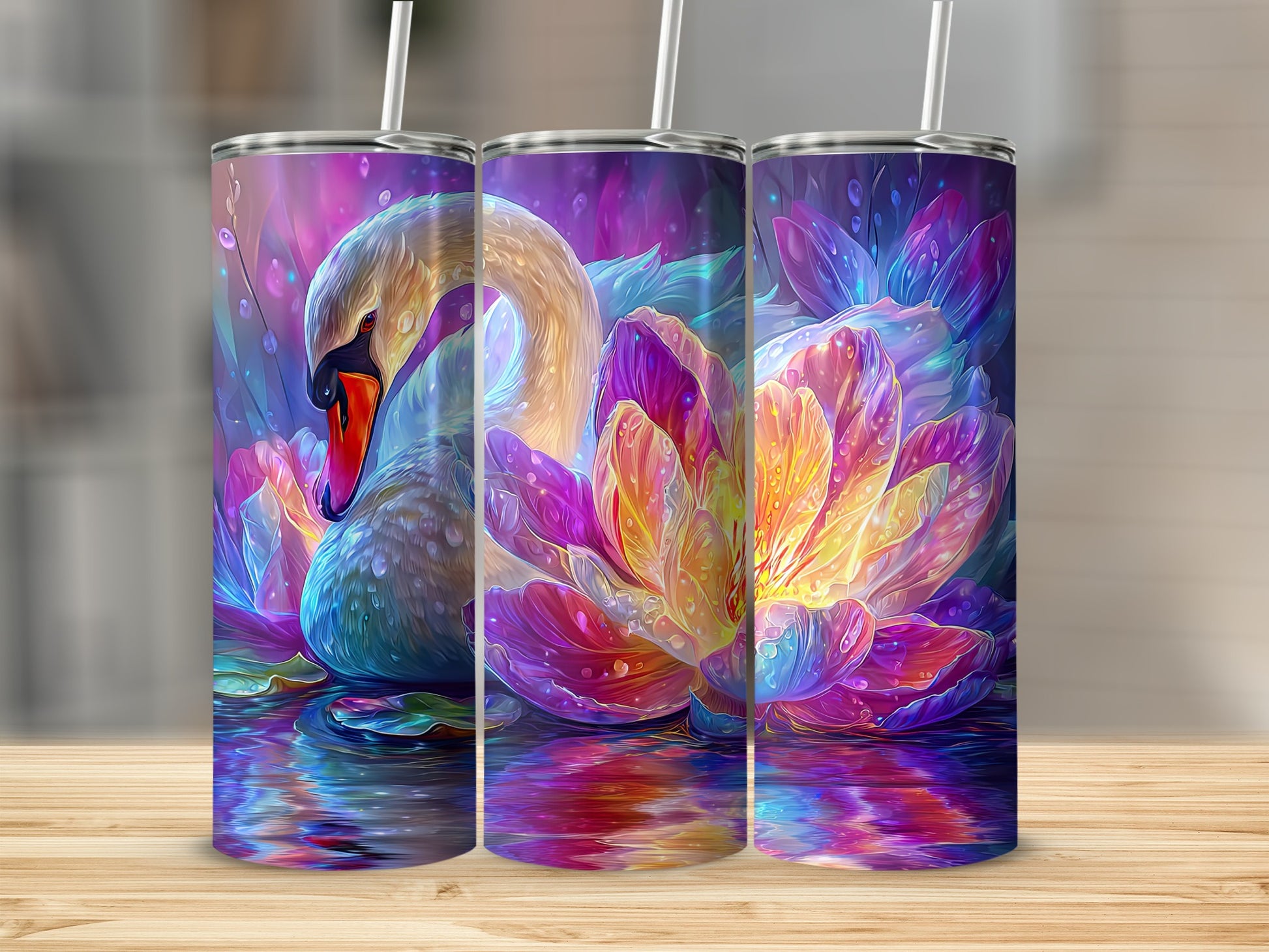 Colorful Swan and Lotus Flower Design Tumbler