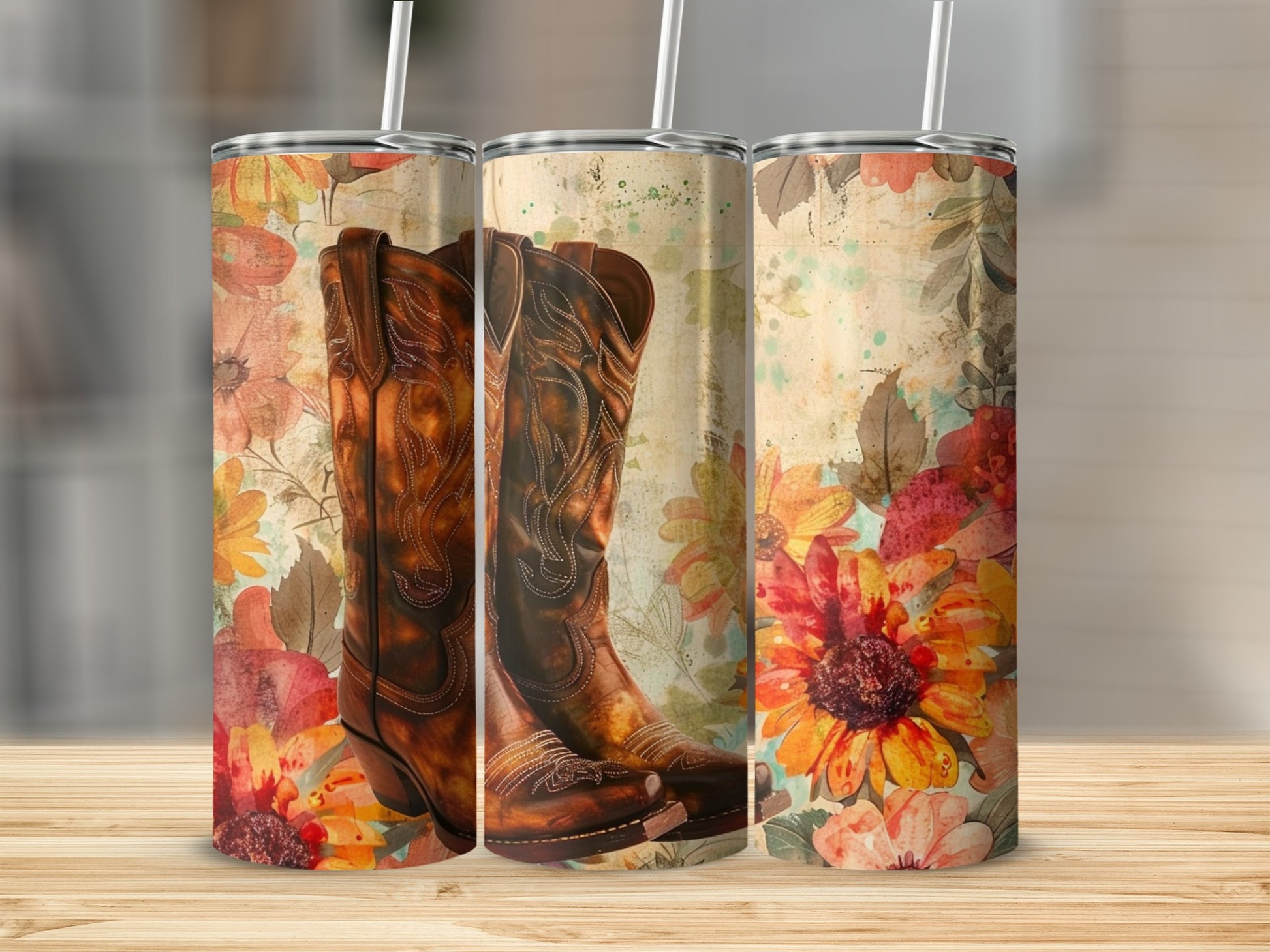 Cowboy boots and floral watercolor art on three tumblers.