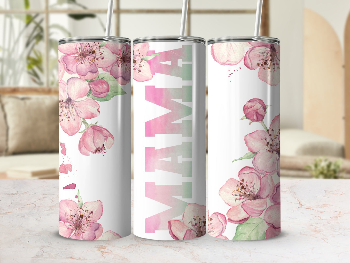 Pink floral pattern tumbler with "MAMA" text in gradient green and pink.