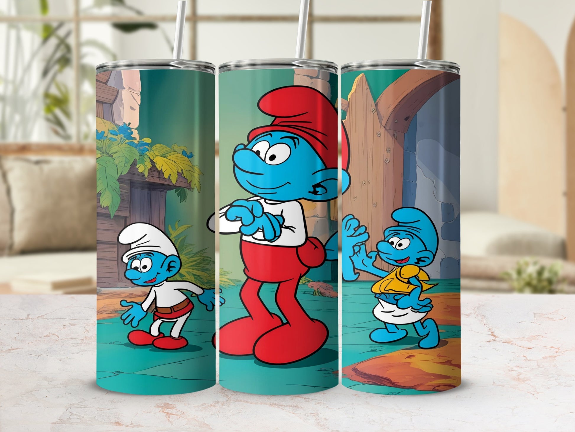 Three Smurfs characters with blue skin and white hats stand against a village background.