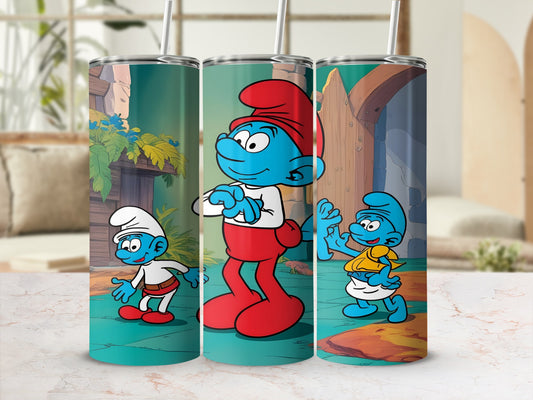 Three Smurfs characters with blue skin and white hats stand against a village background.