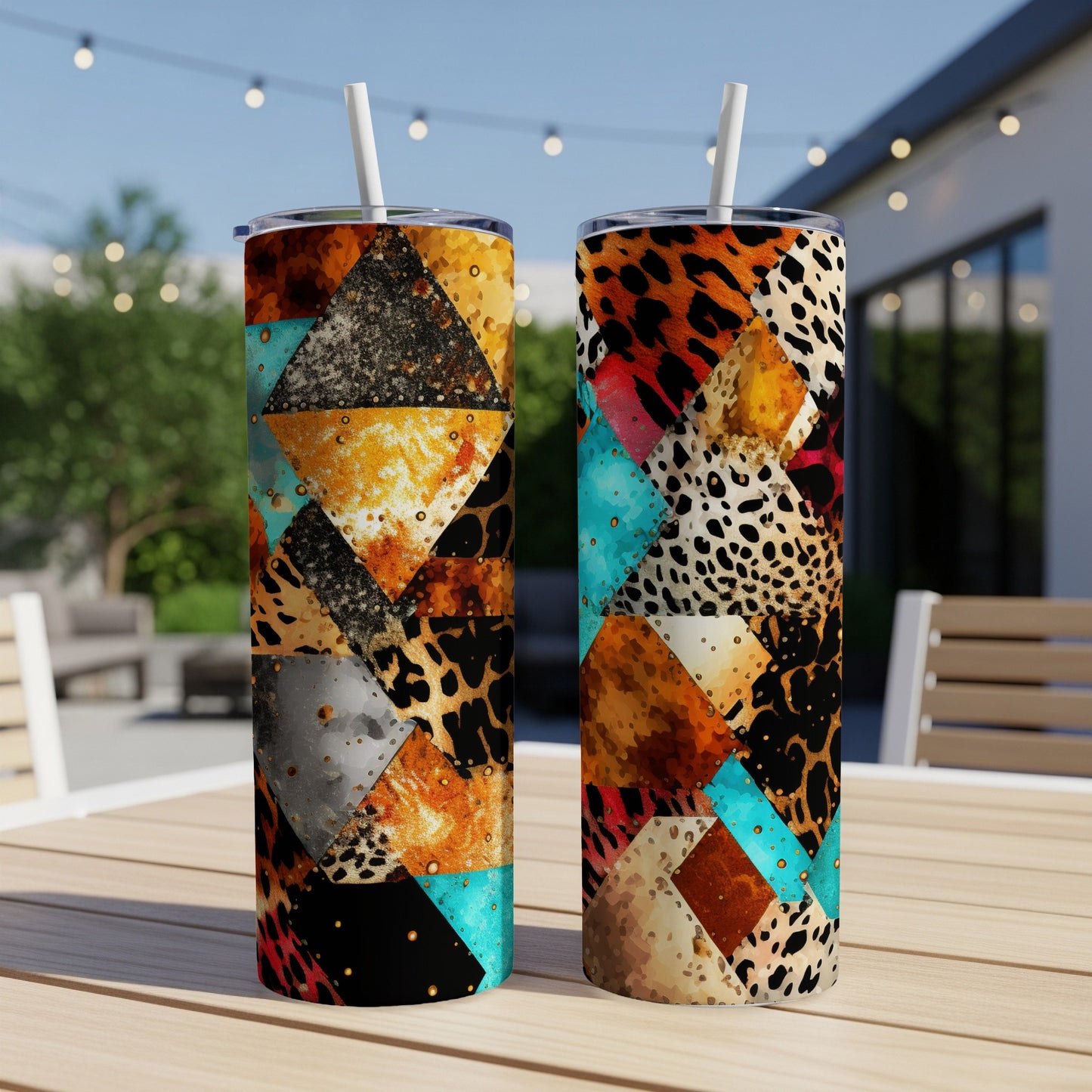 Two patterned tumblers with straw on a wooden table outdoors.