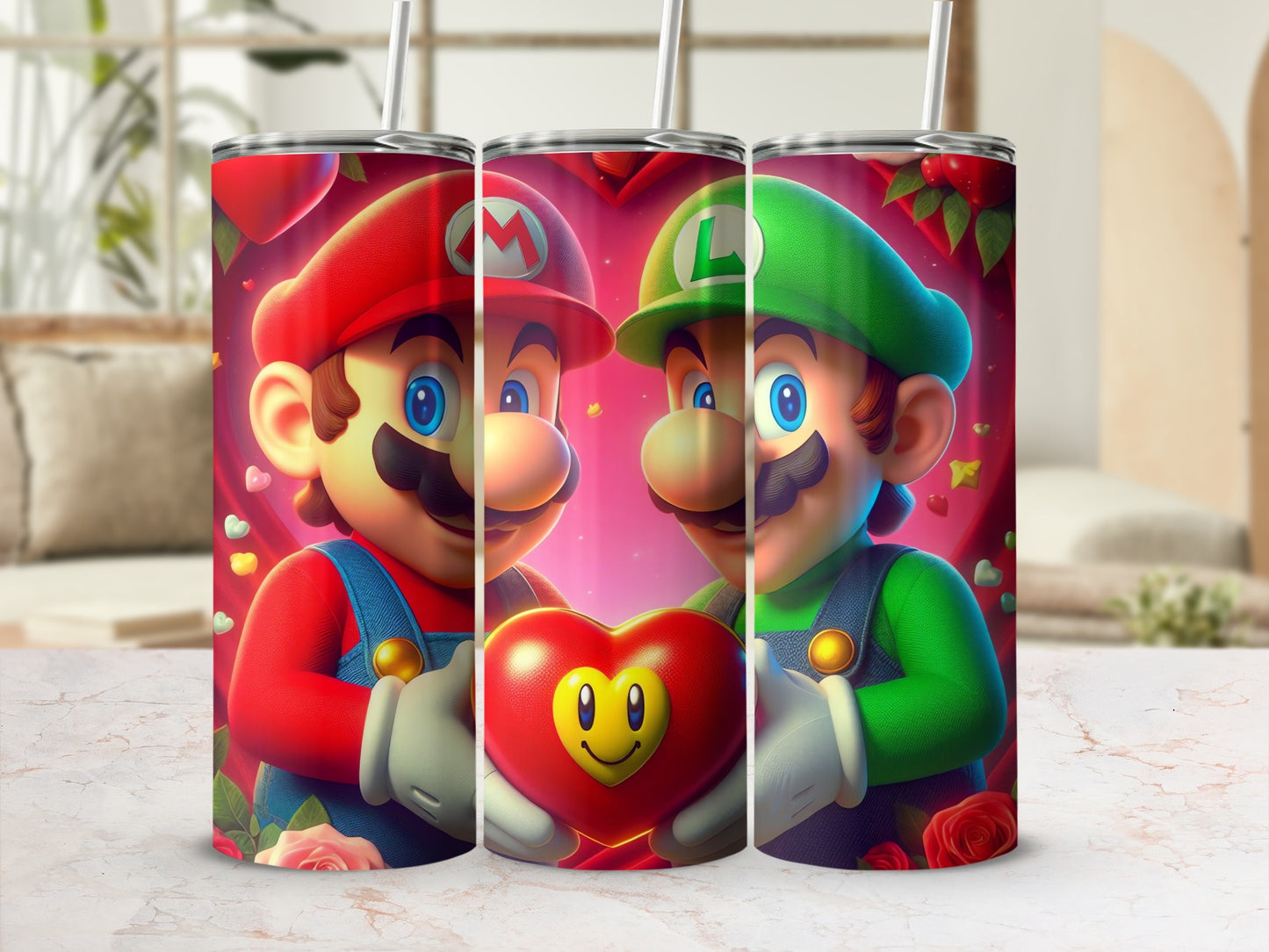 Mario and Luigi Holding Heart Decorative Tumbler Cup