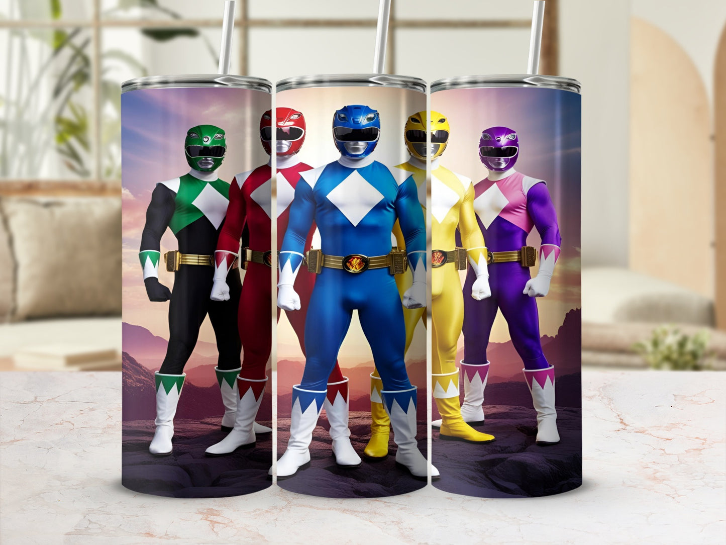 Five Power Rangers stand in a line, ready for action.