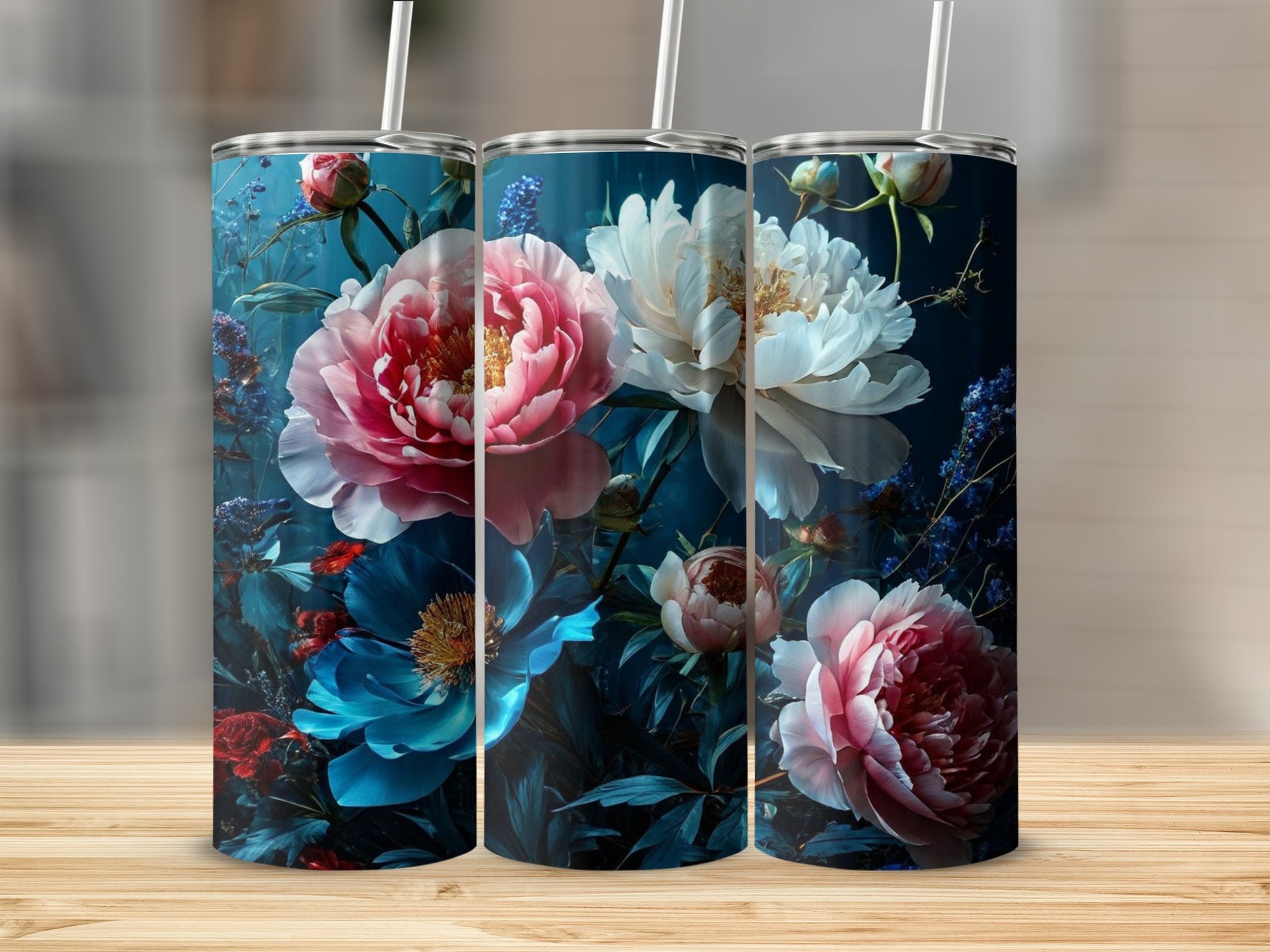 Three tumblers with realistic pink, white, and blue peonies and dark foliage.