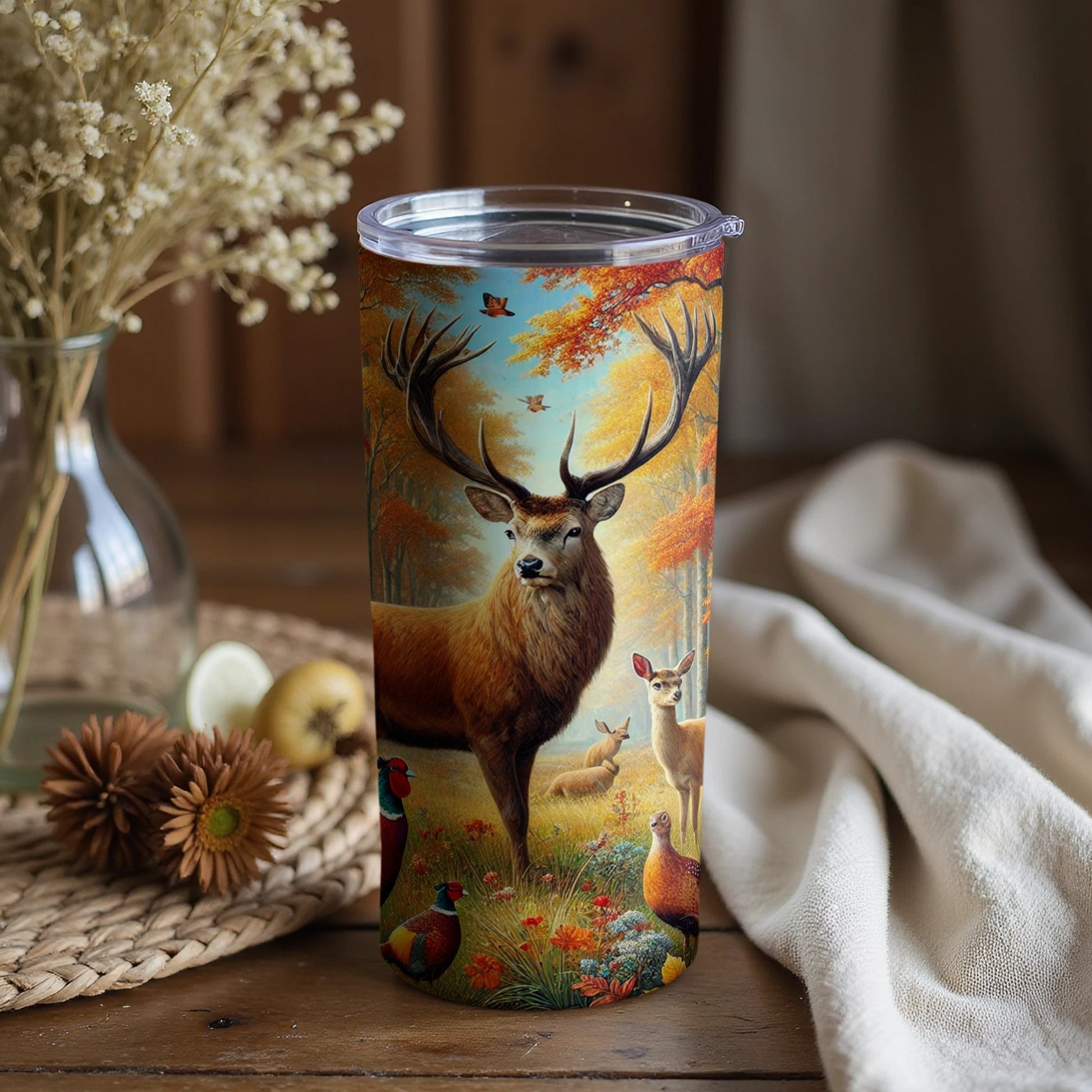 Autumn Forest Animal Scene Tumbler with Lid