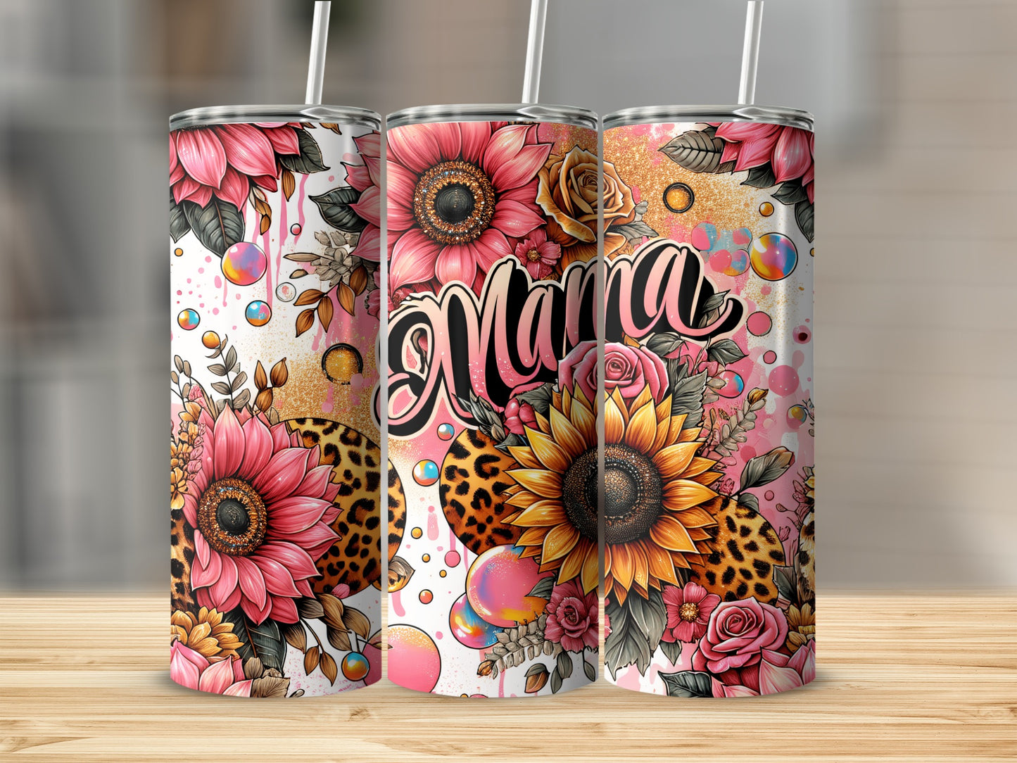 Colorful Floral 'Mama' Insulated Tumbler Cup with Straw