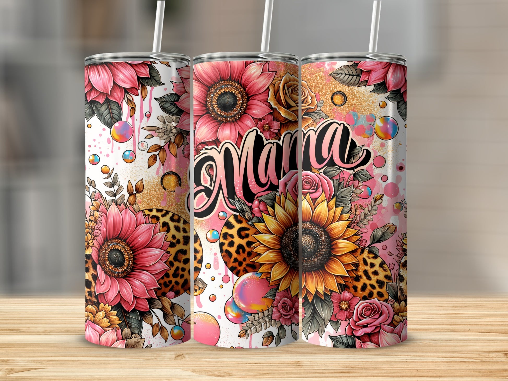 Colorful Floral 'Mama' Insulated Tumbler Cup with Straw