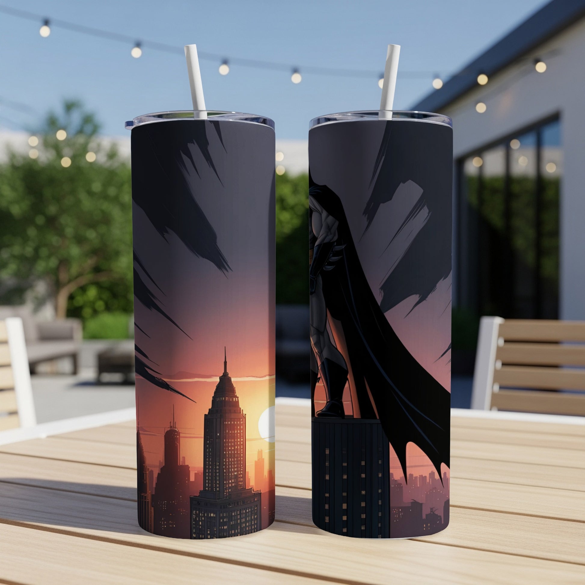 Batman standing on a building overlooking a city at sunset.
