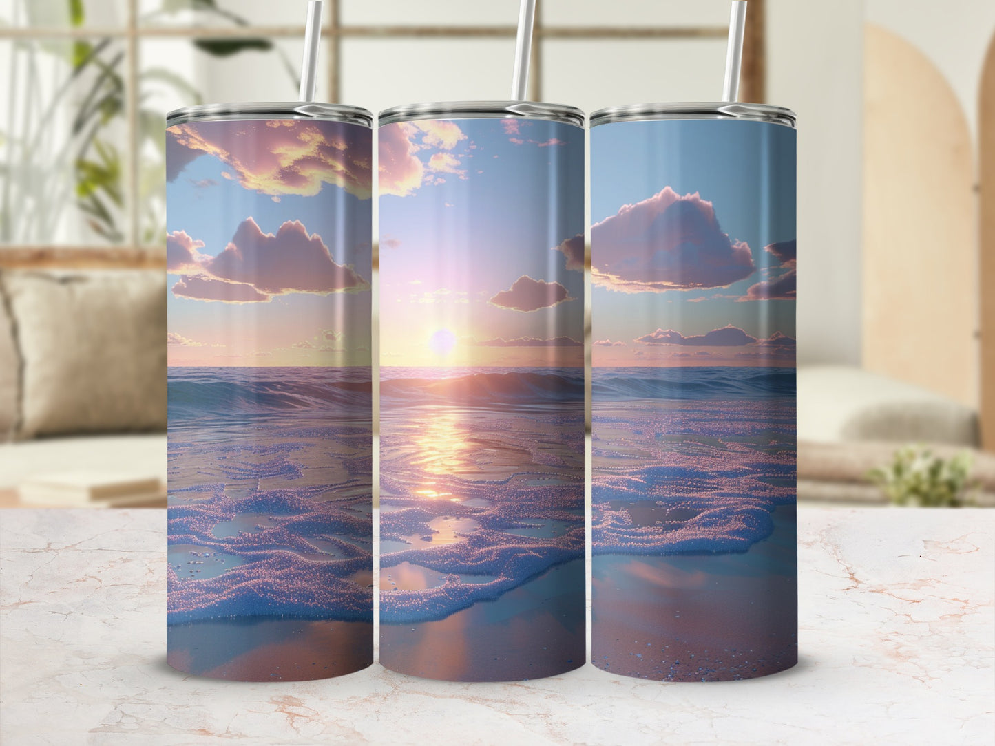 Three tumblers with a beach sunset design.