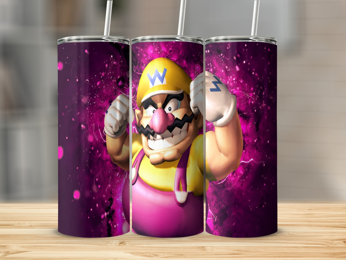 Wario character with purple background and two straws from a tumbler.