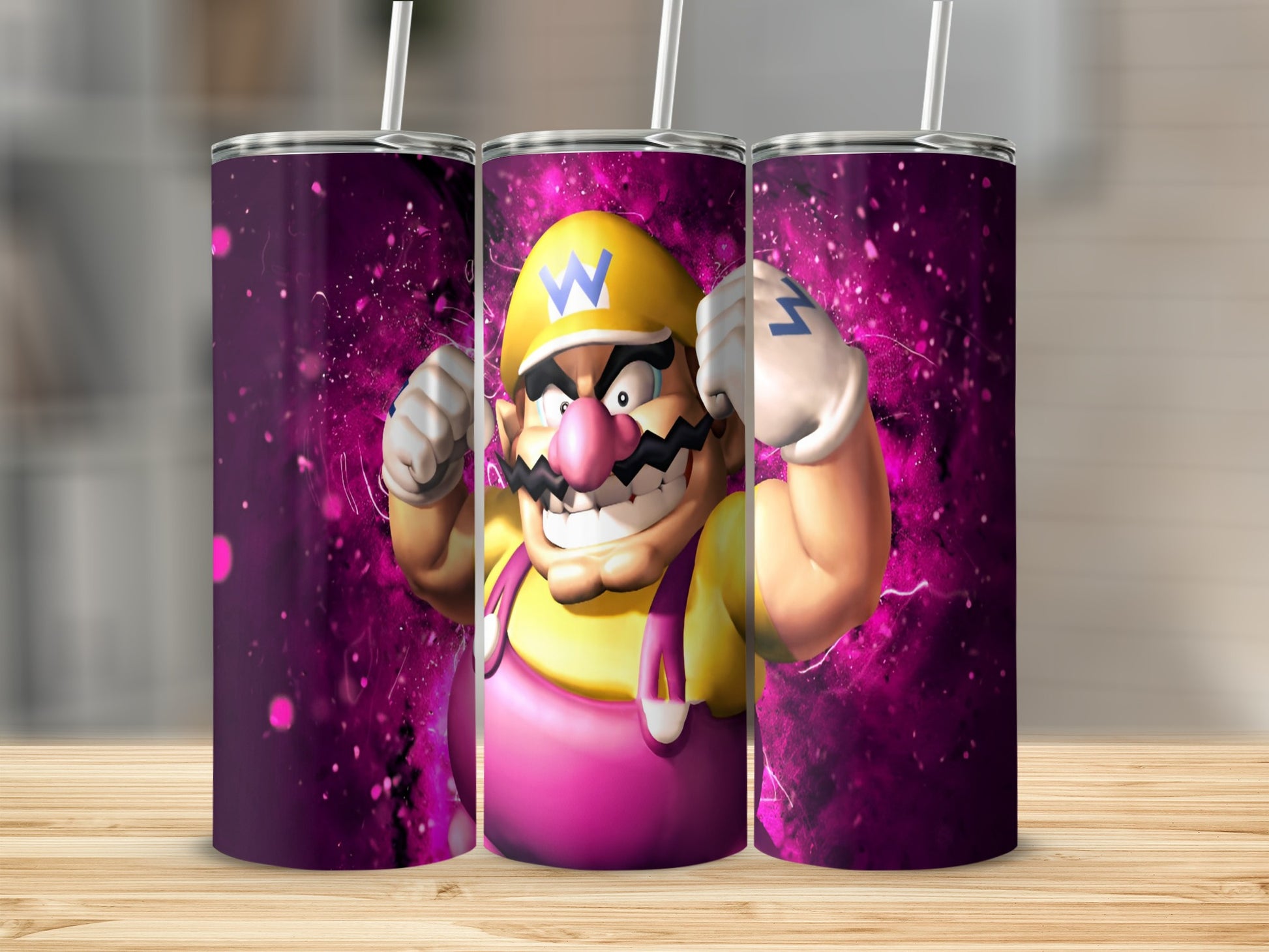 Wario character with purple background and two straws from a tumbler.