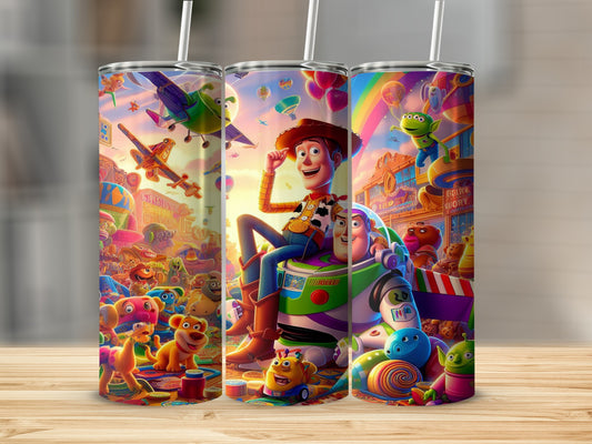 Toy Story characters Woody and Buzz Lightyear sit with friends surrounded by colorful cartoon scenes.