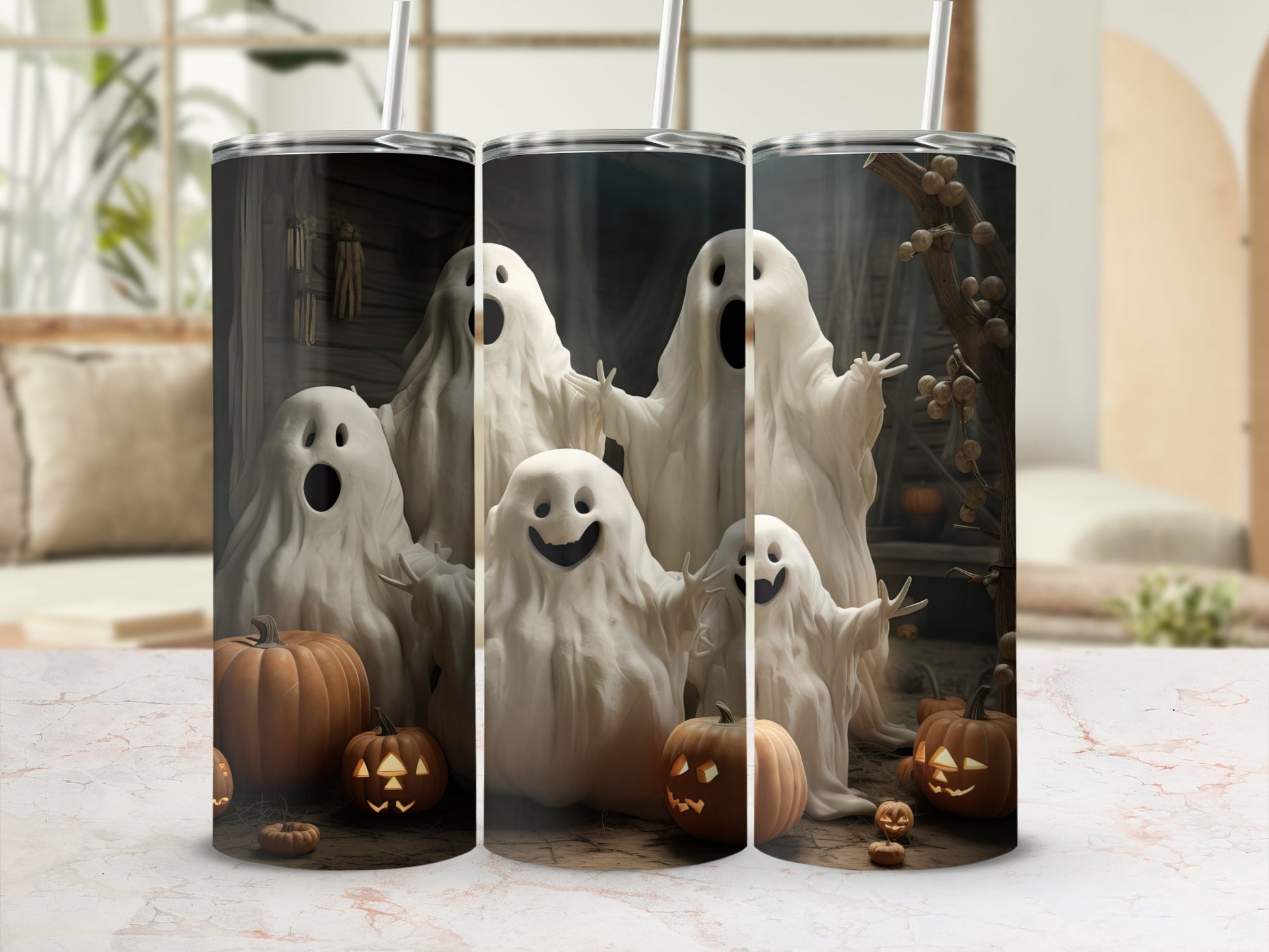 Halloween tumbler design featuring a group of friendly ghosts and pumpkins.