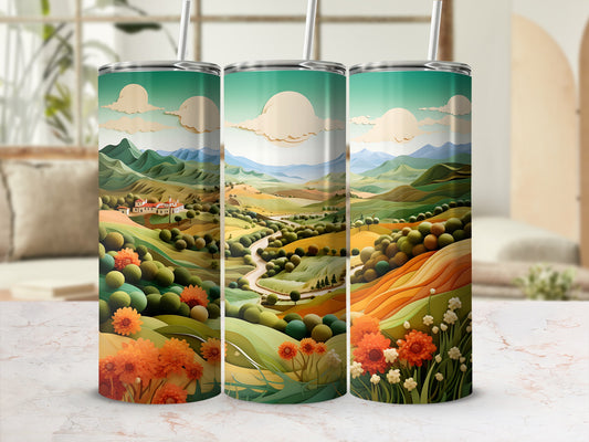 Three tumblers with a colorful landscape design and straw.
