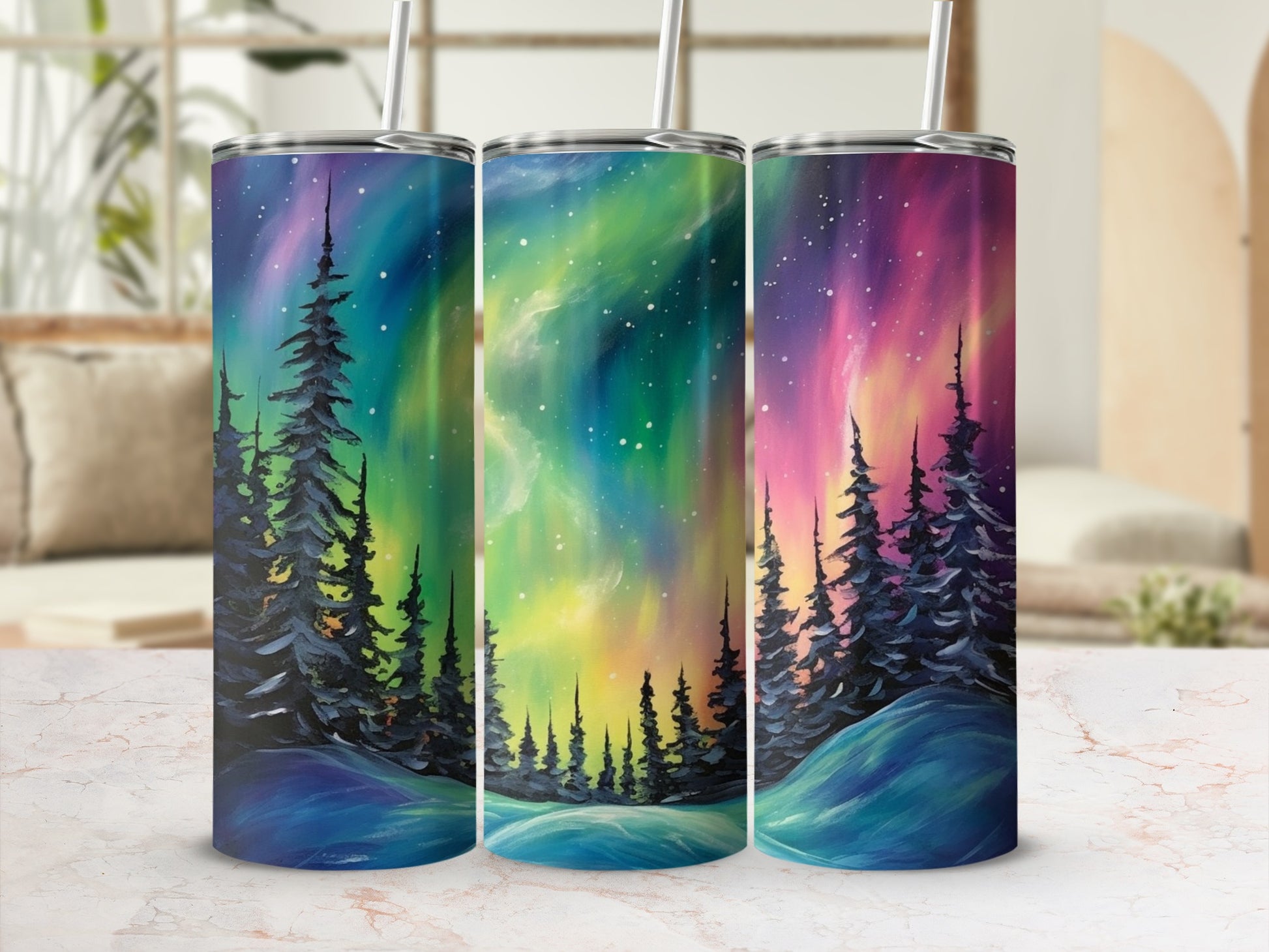 Aurora Borealis Forest Scene Stainless Steel Tumbler