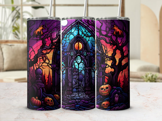 Halloween tumbler with stained glass, pumpkins, and spooky trees.