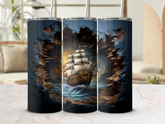 Triptych of tumblers featuring a pirate ship sailing stormy seas.
