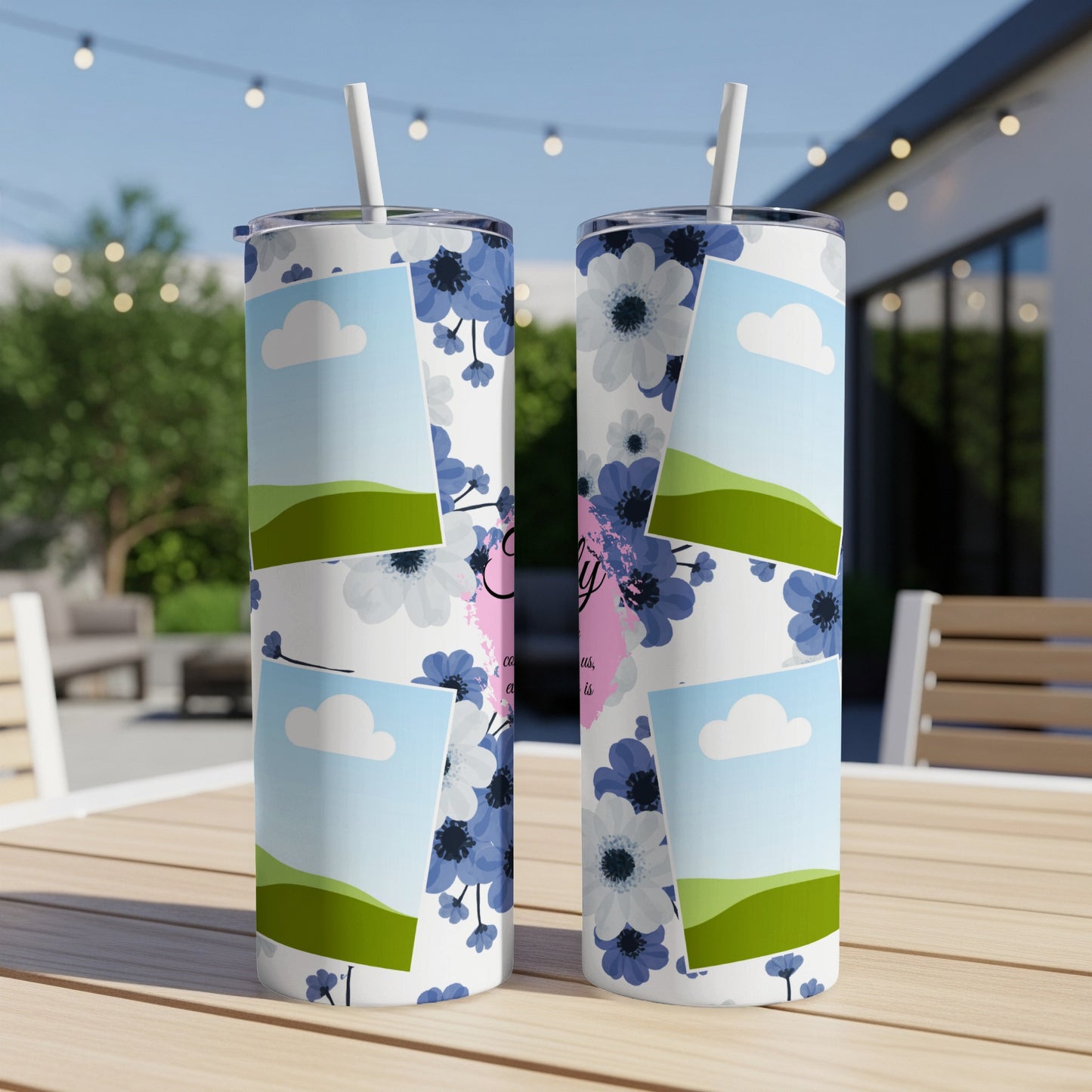 Two tumblers with a floral pattern and photo collage of landscapes.