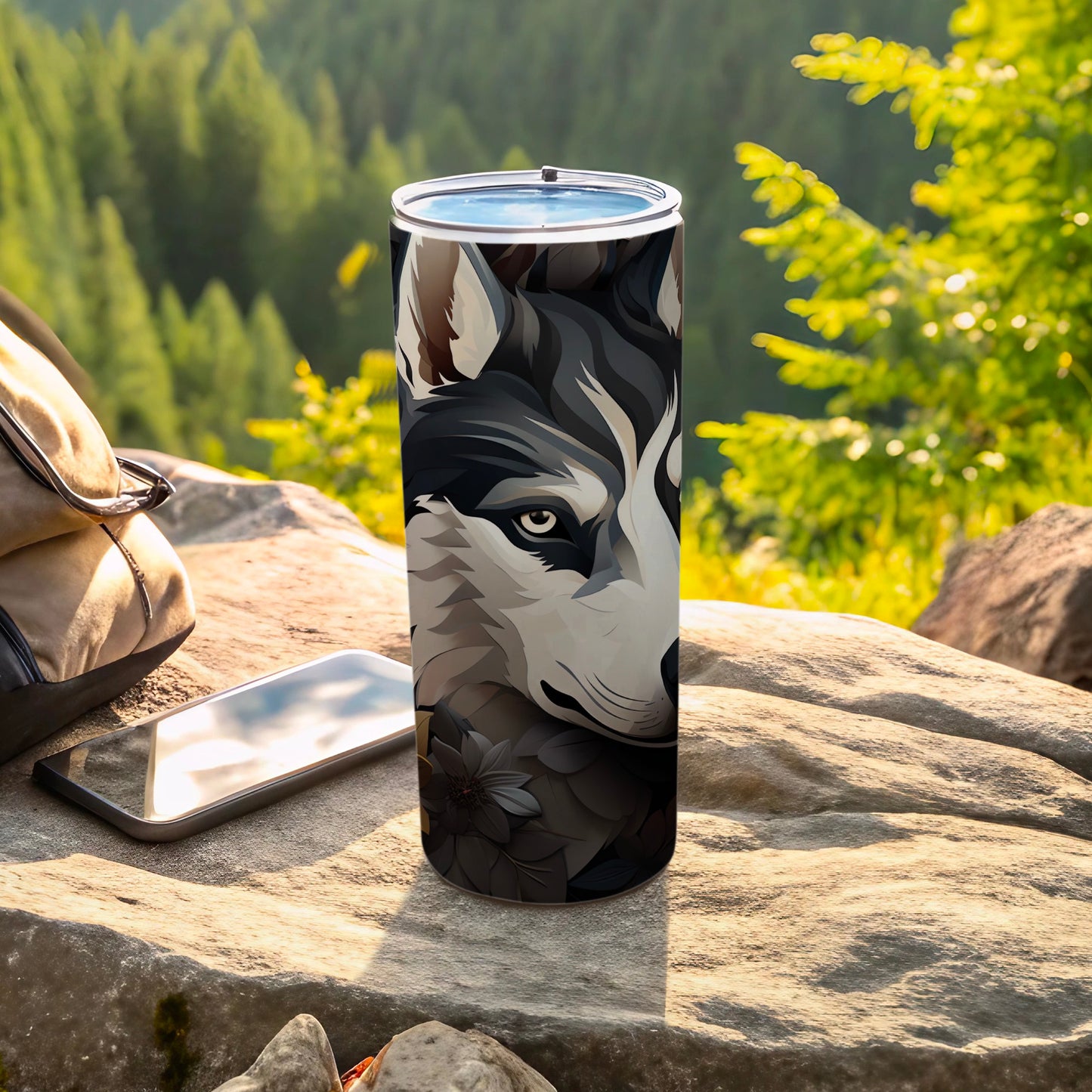 Stylized Gray Wolf Head Art Tumbler Beverage product type
