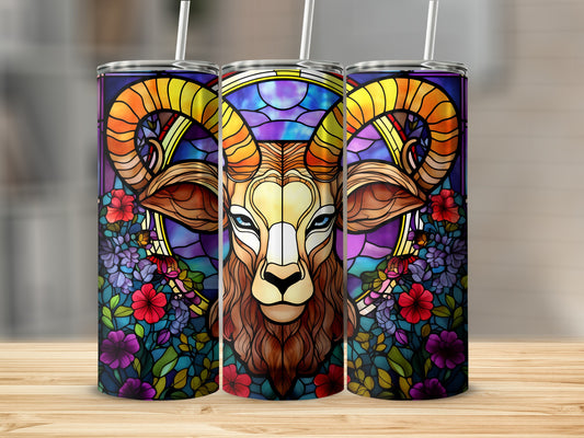 Stained glass Aries zodiac symbol with floral accents on three tumblers.
