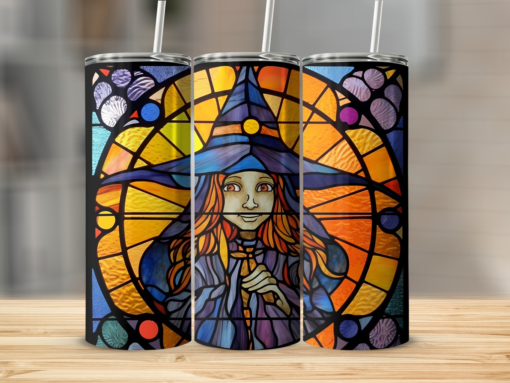 Stained glass tumbler with witch illustration and wooden surface.
