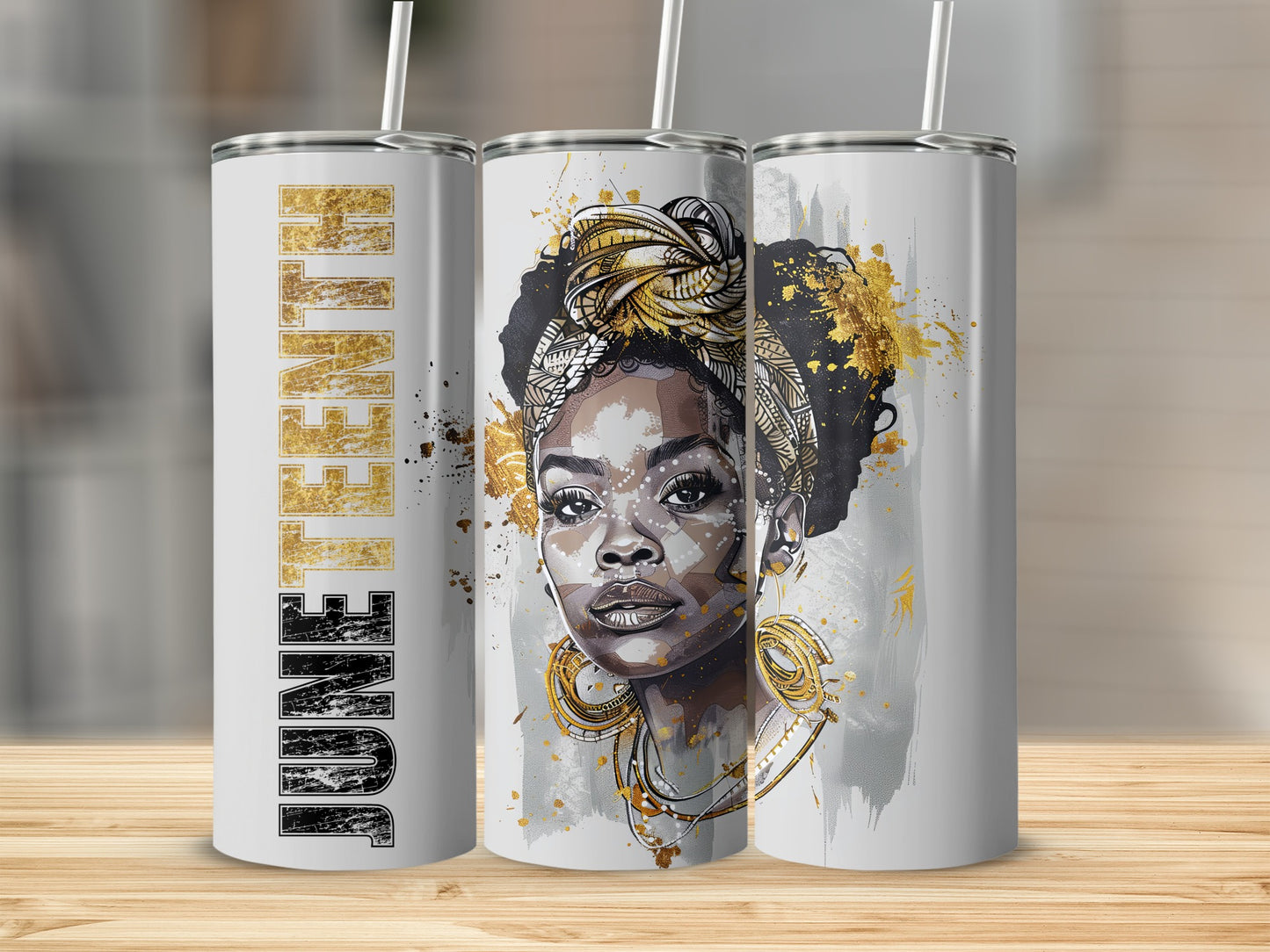 June tumbler with graphic of Black woman wearing headwrap and gold jewelry.