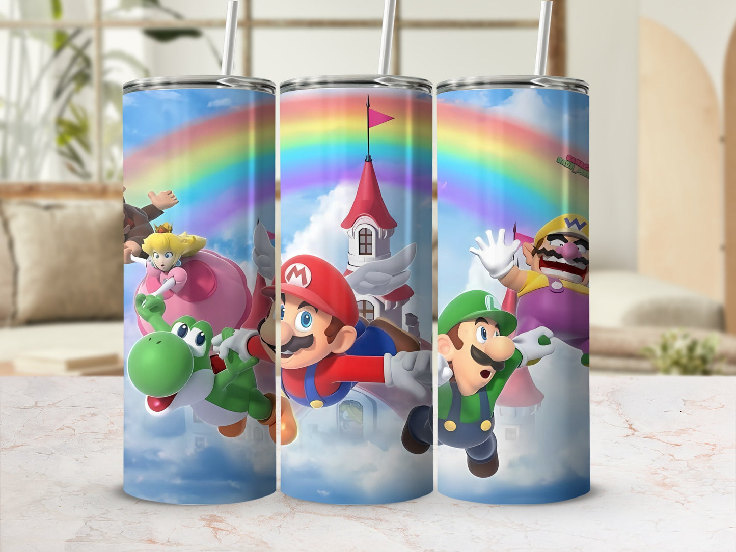 Mario Characters Flying with Rainbow Tumbler