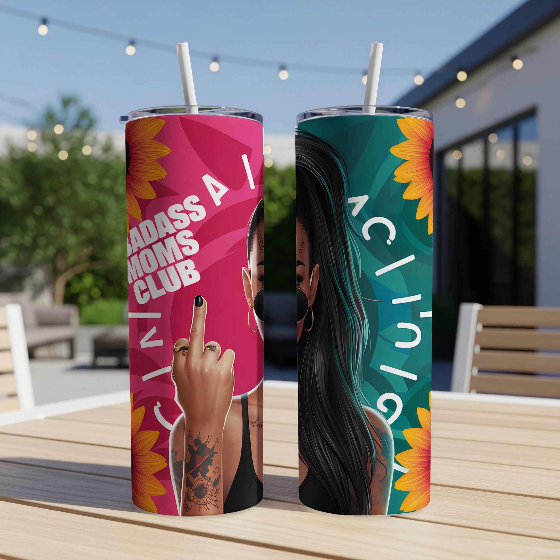 Two tumblers with "Badass Moms Club" and floral designs.